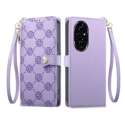 For Honor 200 Zipper Wallet Heart Buckle Vegan Leather Phone Case with Wrist Strap(Purple)