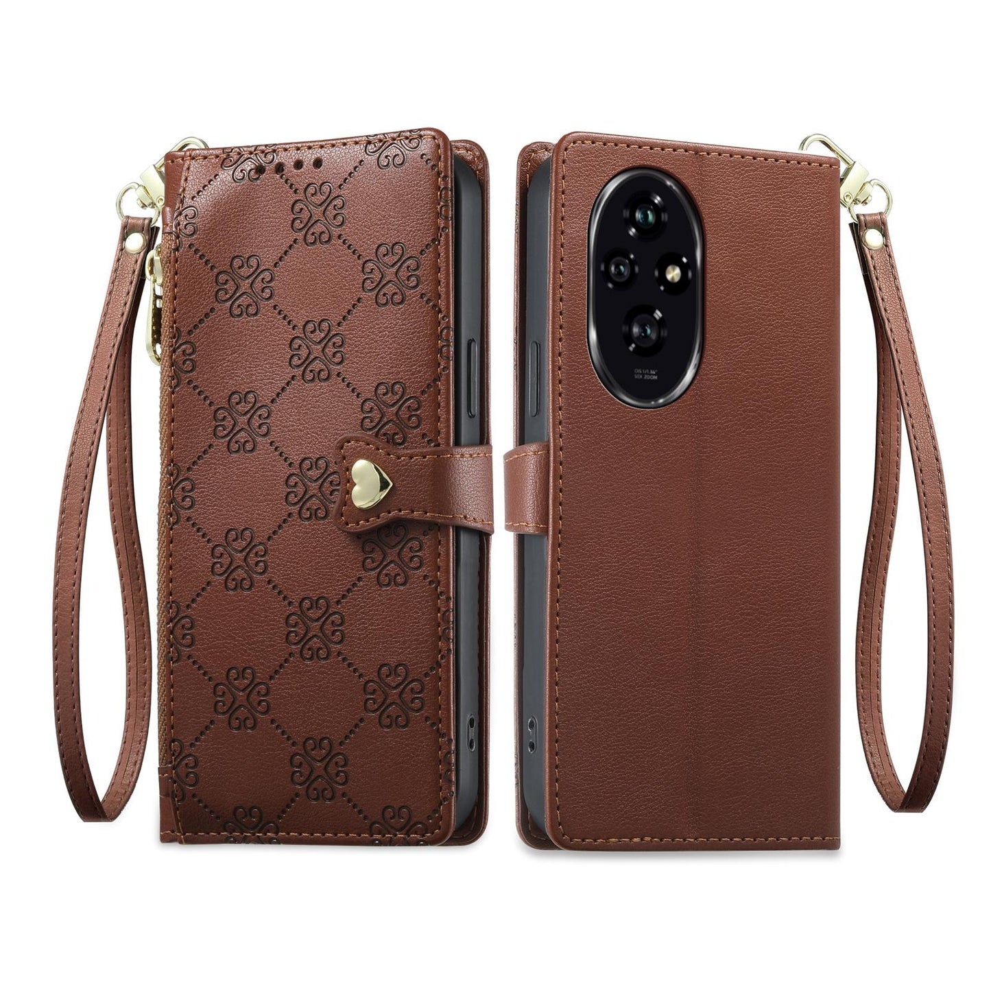 For Honor 200 Zipper Wallet Heart Buckle Vegan Leather Phone Case with Wrist Strap(Brown)