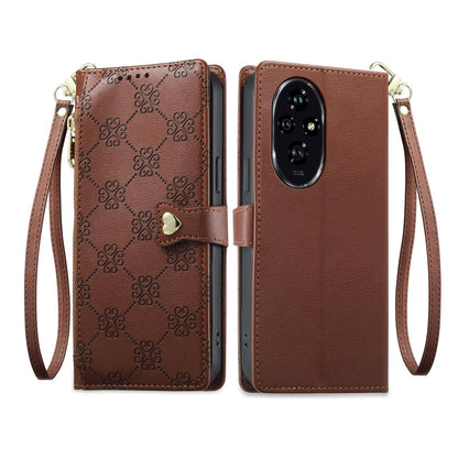 For Honor 200 Zipper Wallet Heart Buckle Vegan Leather Phone Case with Wrist Strap(Brown)