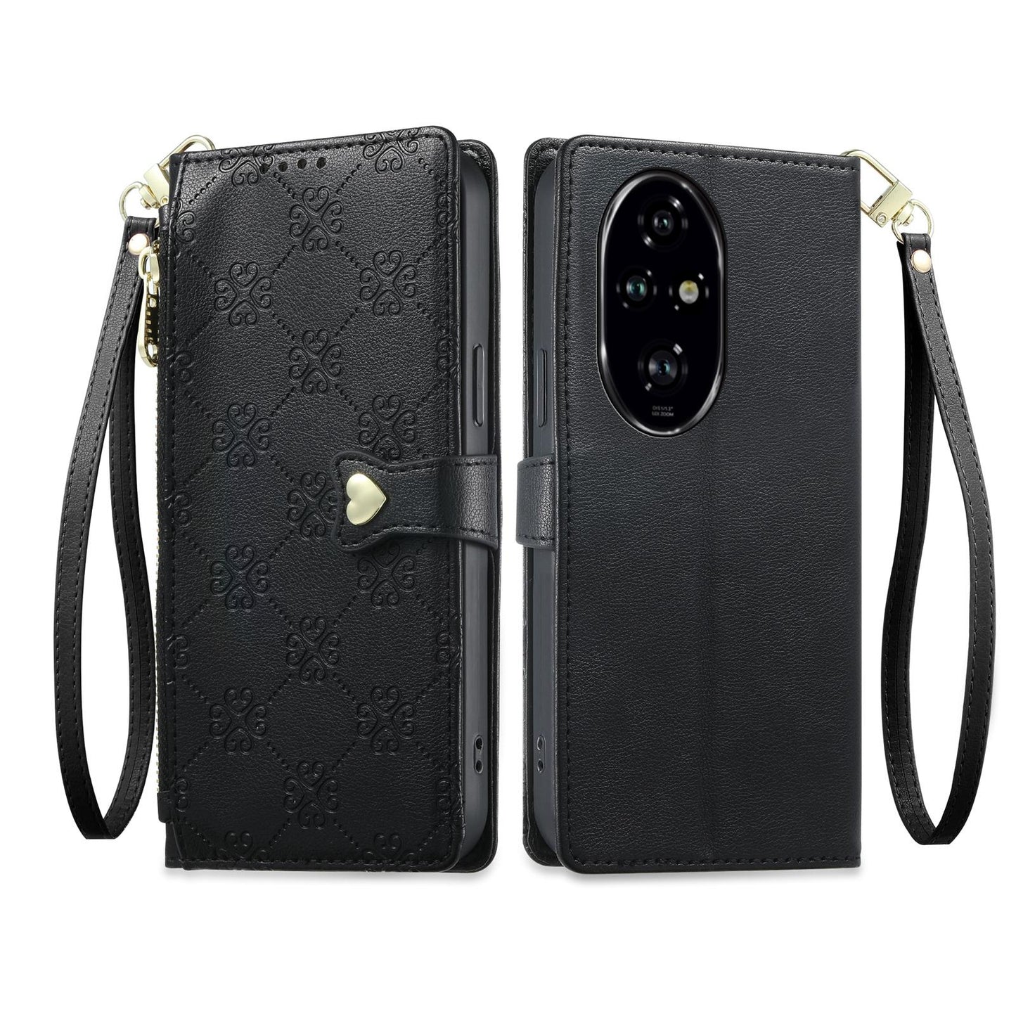 For Honor 200 Pro Zipper Wallet Heart Buckle Vegan Leather Phone Case with Wrist Strap(Black)