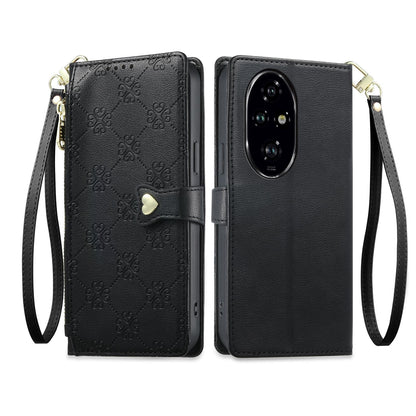 For Honor 200 Pro Zipper Wallet Heart Buckle Vegan Leather Phone Case with Wrist Strap(Black)
