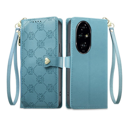 For Honor 200 Pro Zipper Wallet Heart Buckle Vegan Leather Phone Case with Wrist Strap(Lake Blue)