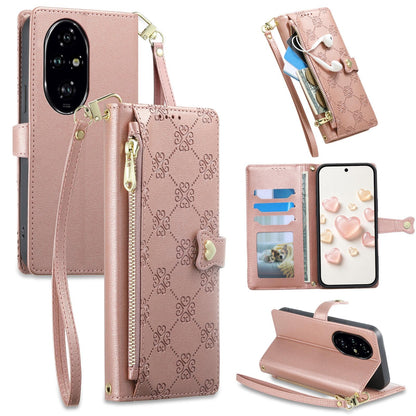 For Honor 200 Pro Zipper Wallet Heart Buckle Vegan Leather Phone Case with Wrist Strap(Pink)