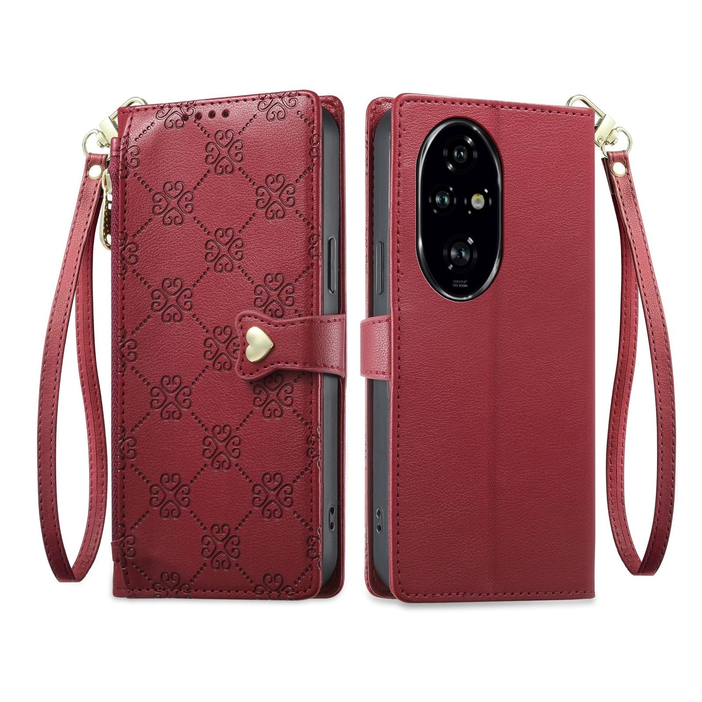 For Honor 200 Pro Zipper Wallet Heart Buckle Vegan Leather Phone Case with Wrist Strap(Red)