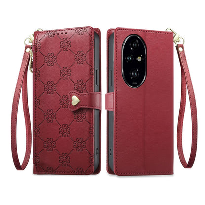 For Honor 200 Pro Zipper Wallet Heart Buckle Vegan Leather Phone Case with Wrist Strap(Red)