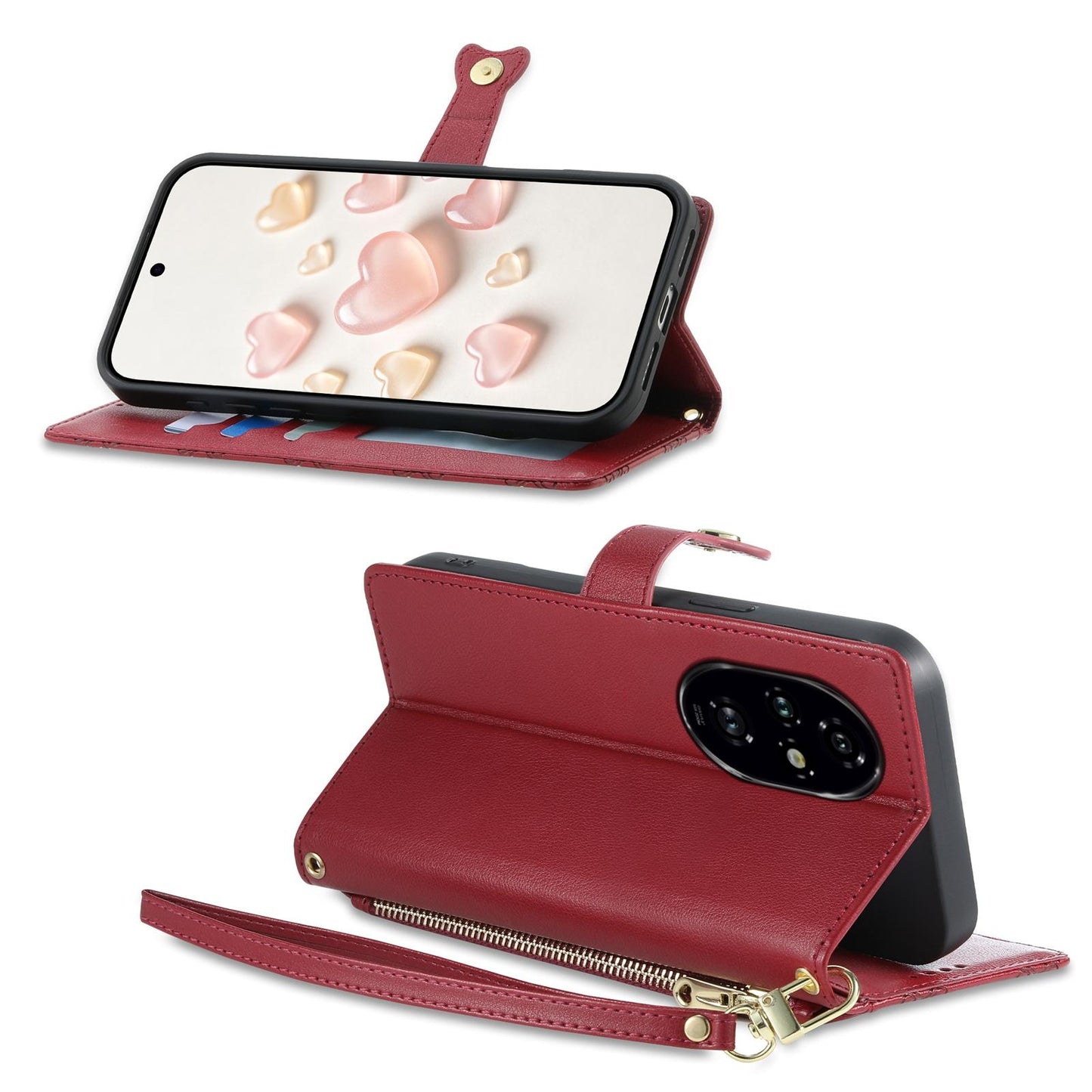 For Honor 200 Pro Zipper Wallet Heart Buckle Vegan Leather Phone Case with Wrist Strap(Red)