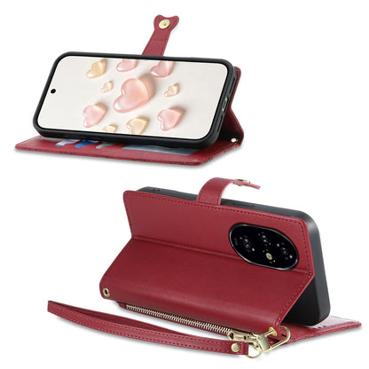 For Honor 200 Pro Zipper Wallet Heart Buckle Vegan Leather Phone Case with Wrist Strap(Red)