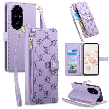 For Honor 200 Pro Zipper Wallet Heart Buckle Vegan Leather Phone Case with Wrist Strap(Purple)