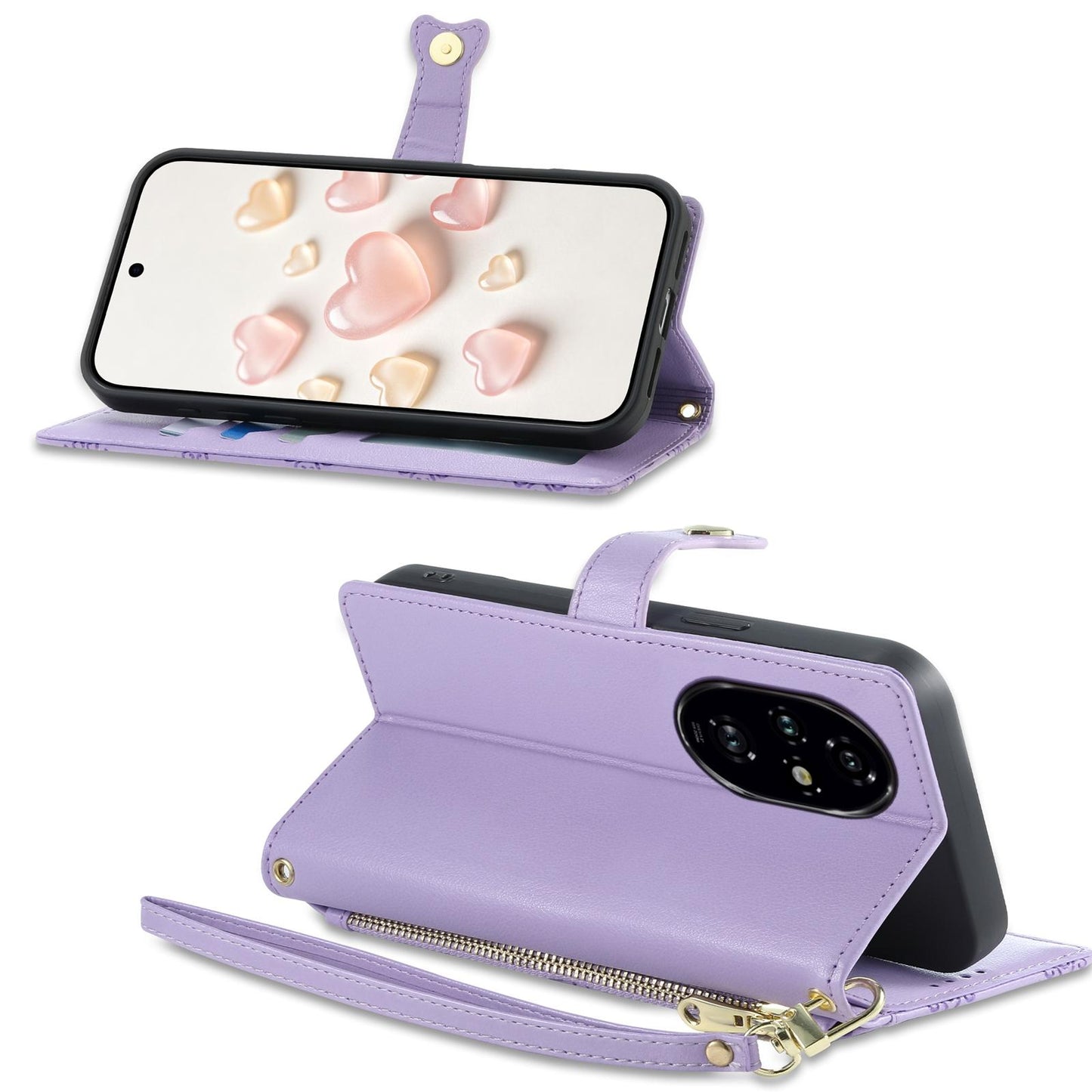 For Honor 200 Pro Zipper Wallet Heart Buckle Vegan Leather Phone Case with Wrist Strap(Purple)