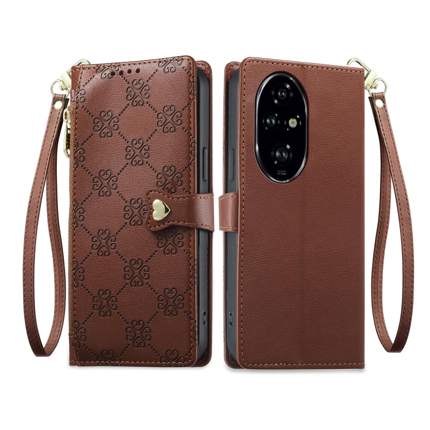 For Honor 200 Pro Zipper Wallet Heart Buckle Vegan Leather Phone Case with Wrist Strap(Brown)
