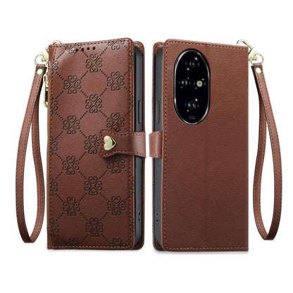 For Honor 200 Pro Zipper Wallet Heart Buckle Vegan Leather Phone Case with Wrist Strap(Brown)