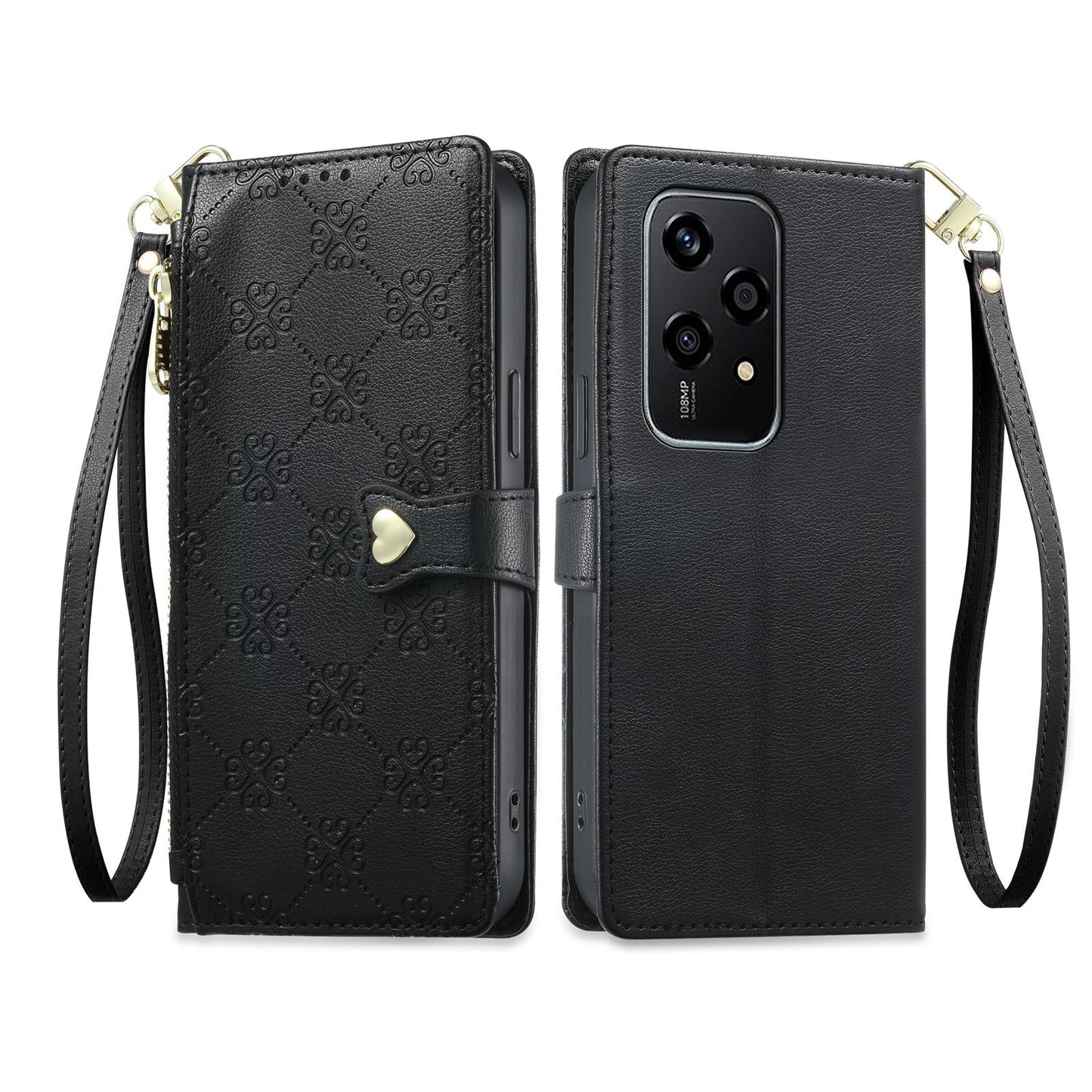 For Honor 200 Lite Global Zipper Wallet Heart Buckle Vegan Leather Phone Case with Wrist Strap(Black)
