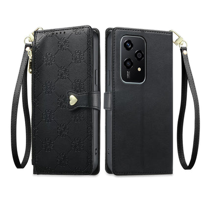 For Honor 200 Lite Global Zipper Wallet Heart Buckle Vegan Leather Phone Case with Wrist Strap(Black)