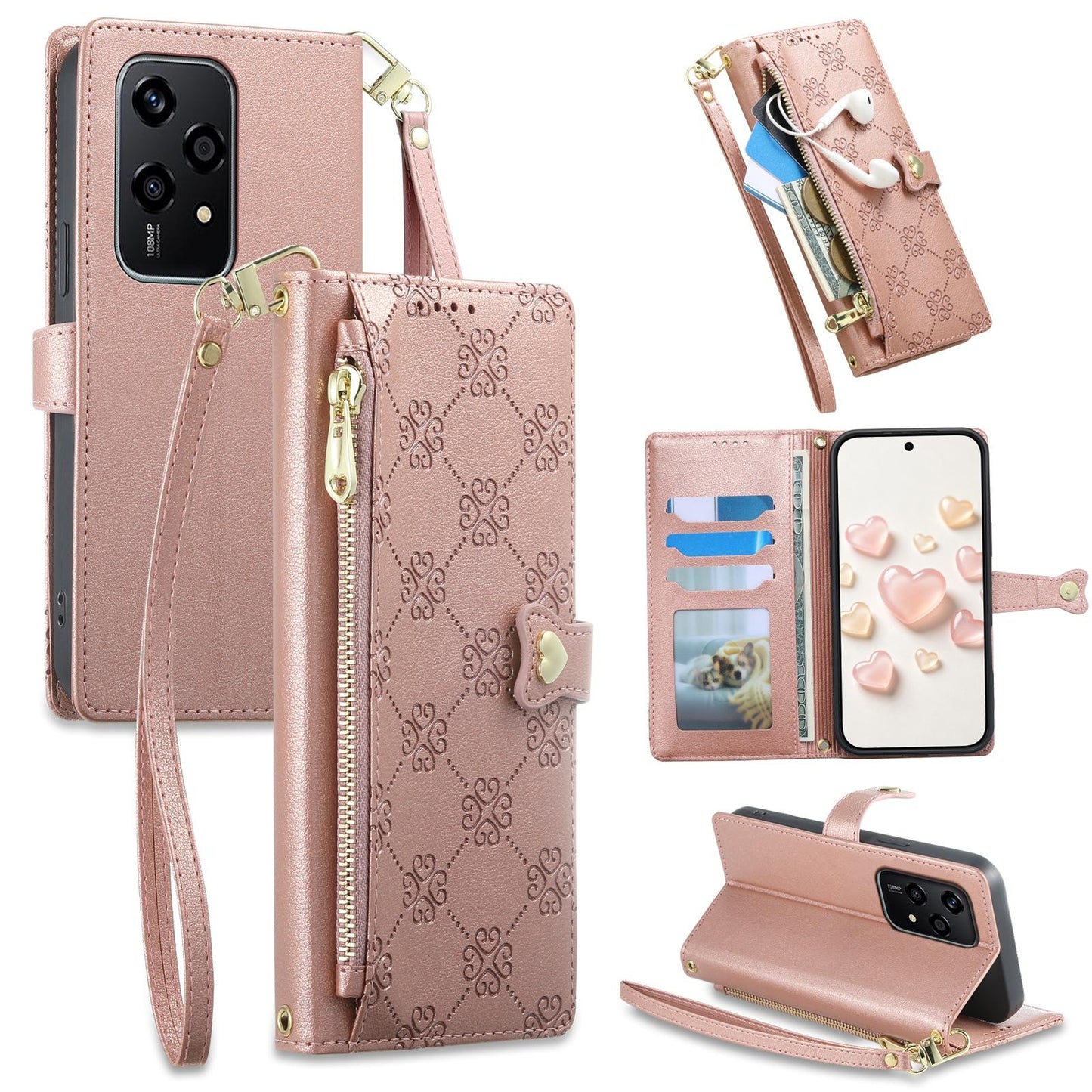 For Honor 200 Lite Global Zipper Wallet Heart Buckle Vegan Leather Phone Case with Wrist Strap(Pink)