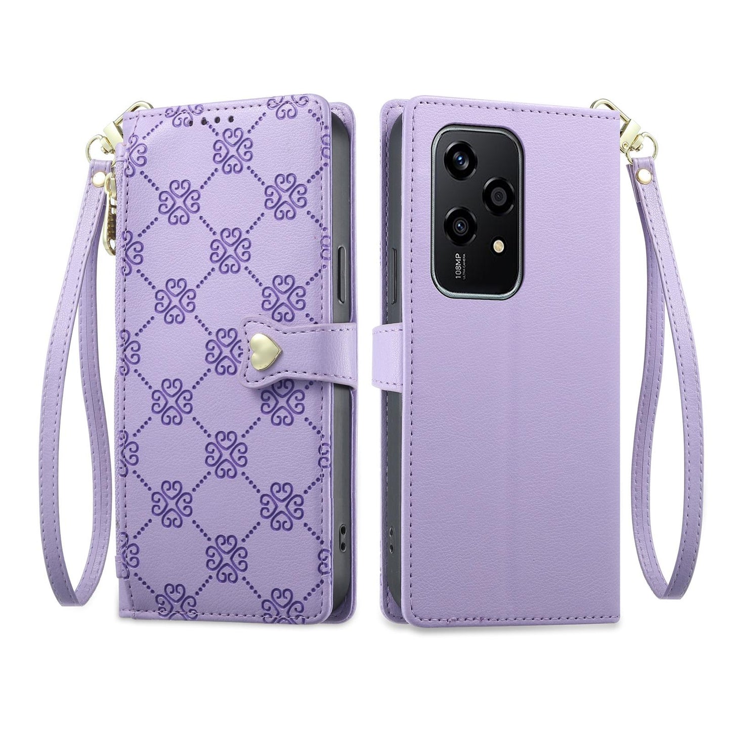 For Honor 200 Lite Global Zipper Wallet Heart Buckle Vegan Leather Phone Case with Wrist Strap(Purple)