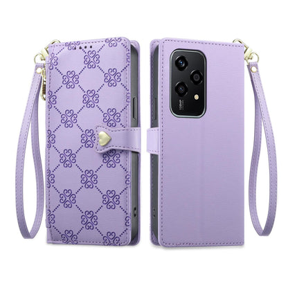 For Honor 200 Lite Global Zipper Wallet Heart Buckle Vegan Leather Phone Case with Wrist Strap(Purple)