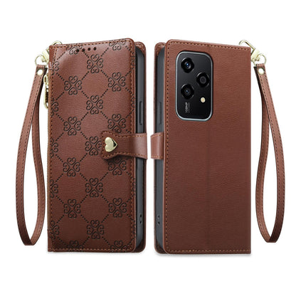 For Honor 200 Lite Global Zipper Wallet Heart Buckle Vegan Leather Phone Case with Wrist Strap(Brown)