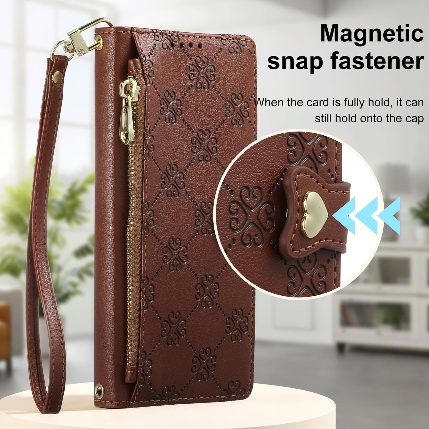 For Honor 200 Lite Global Zipper Wallet Heart Buckle Vegan Leather Phone Case with Wrist Strap(Brown)