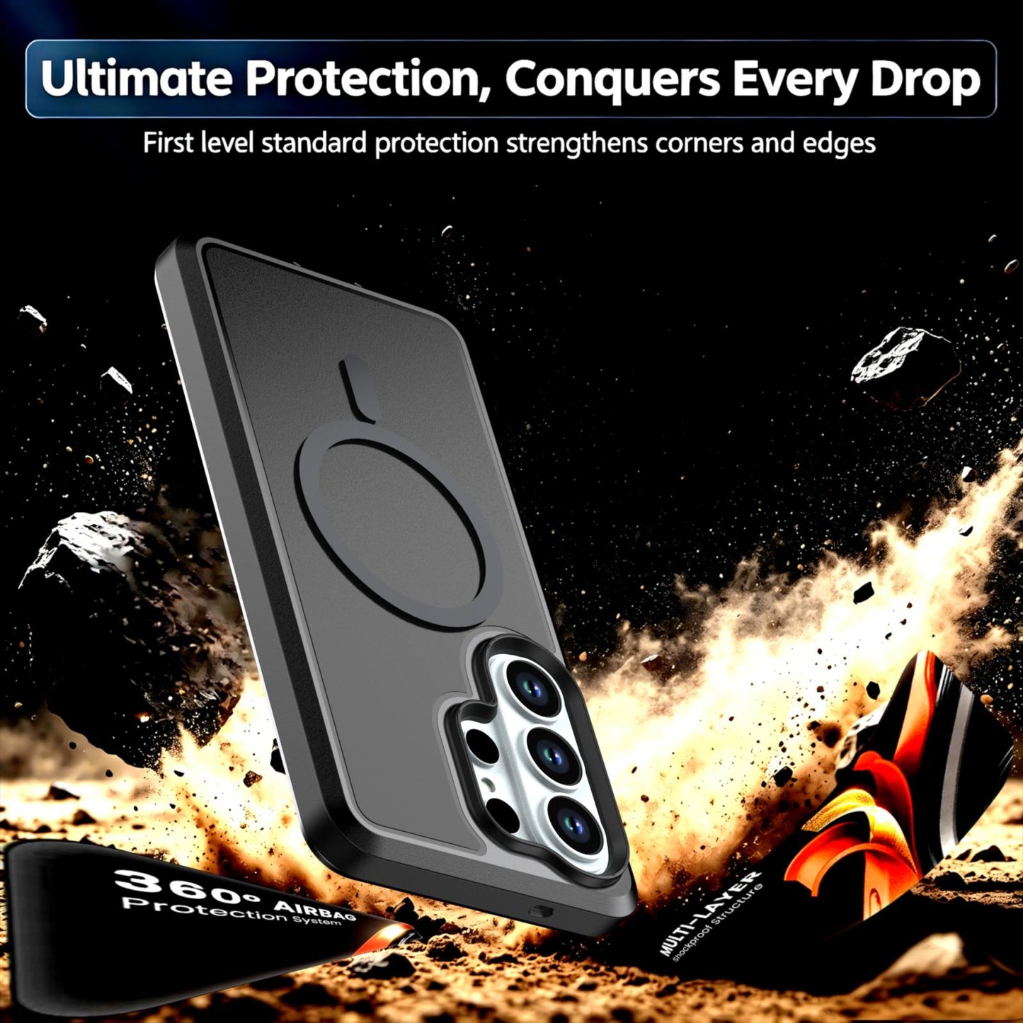 For Galaxy S26 Ultra 5G Silicone Magnetic Anti-drop Protective Phone Case(Black + Black)