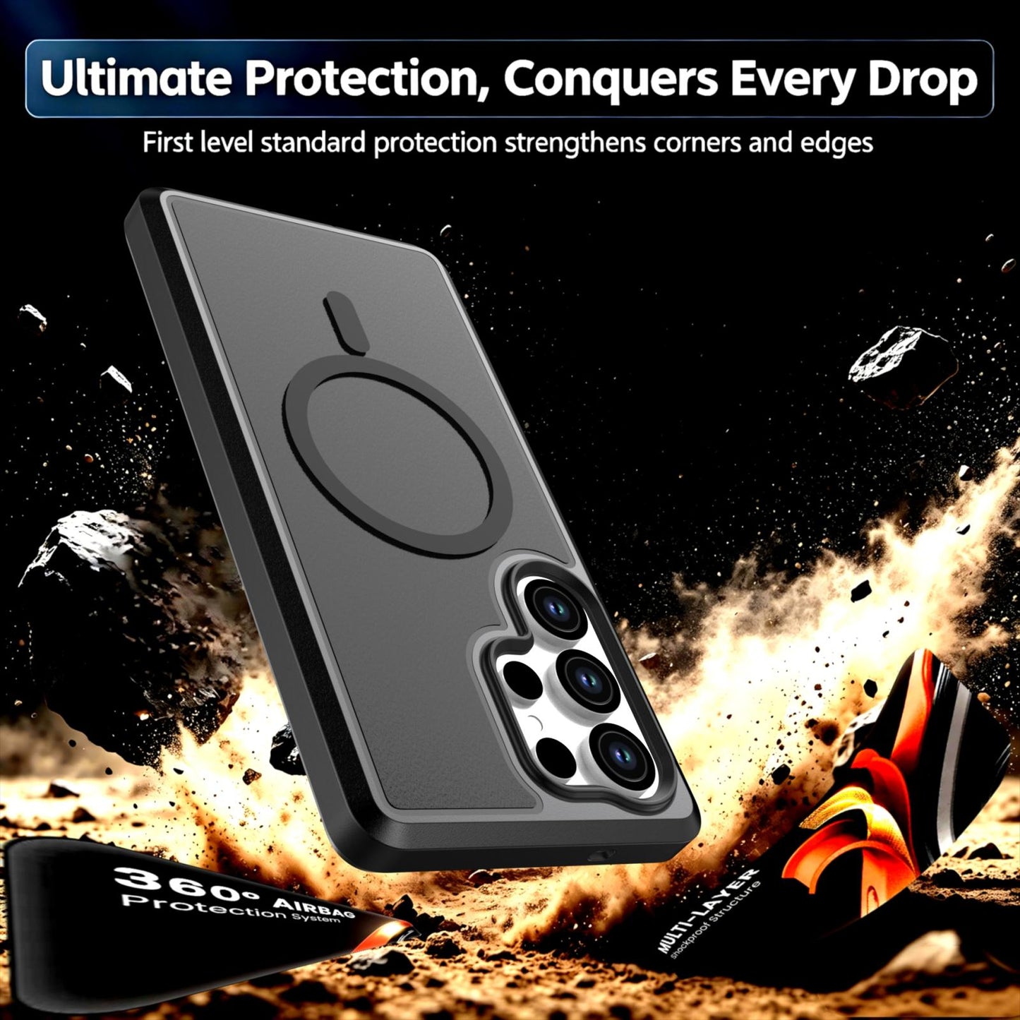 For Galaxy S25 Ultra 5G Silicone Magnetic Anti-drop Protective Phone Case(Black + Black)