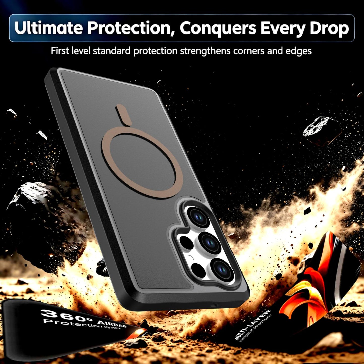For Galaxy S25 Ultra 5G Silicone Magnetic Anti-drop Protective Phone Case(Black + Gold)