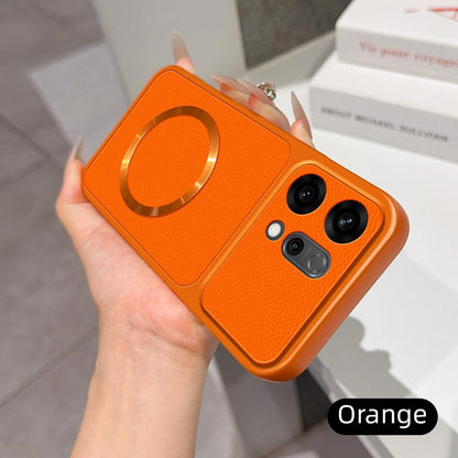 For OPPO Reno14 Global Lambskin Series Magnetic Skin Feel Phone Case(Orange)