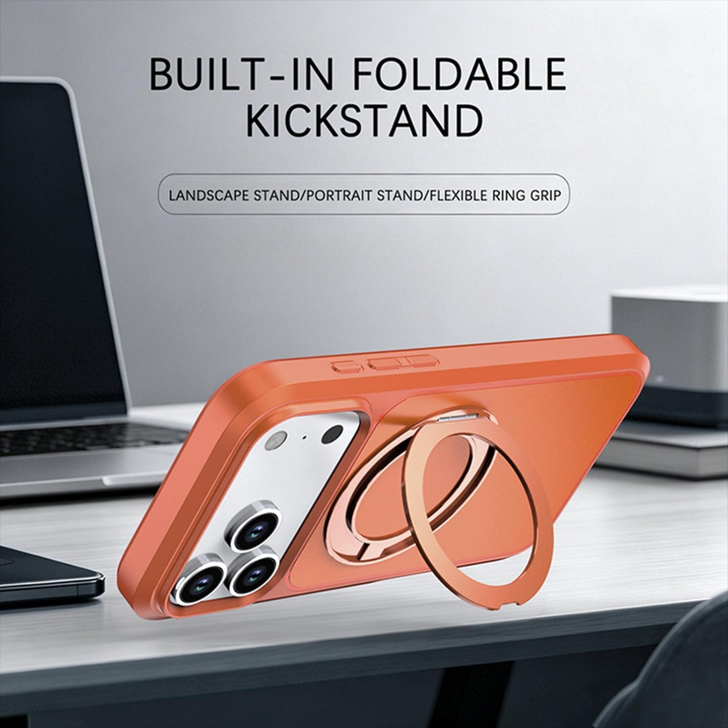For iPhone 18 Pro Silicone Magnetic Anti-drop Protective Phone Case with 360 Rotating Holder(Orange)