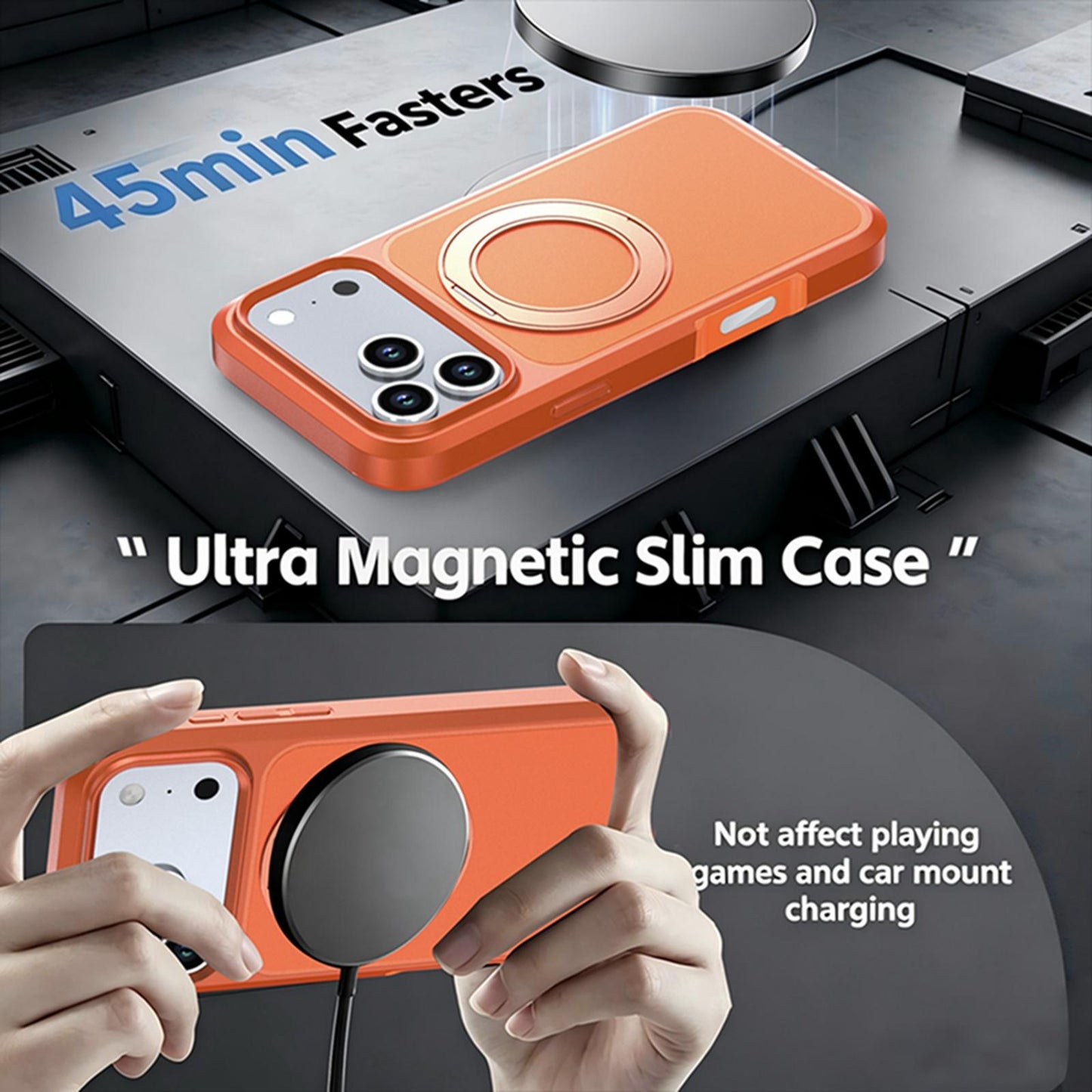 For iPhone 18 Pro Silicone Magnetic Anti-drop Protective Phone Case with 360 Rotating Holder(Orange)