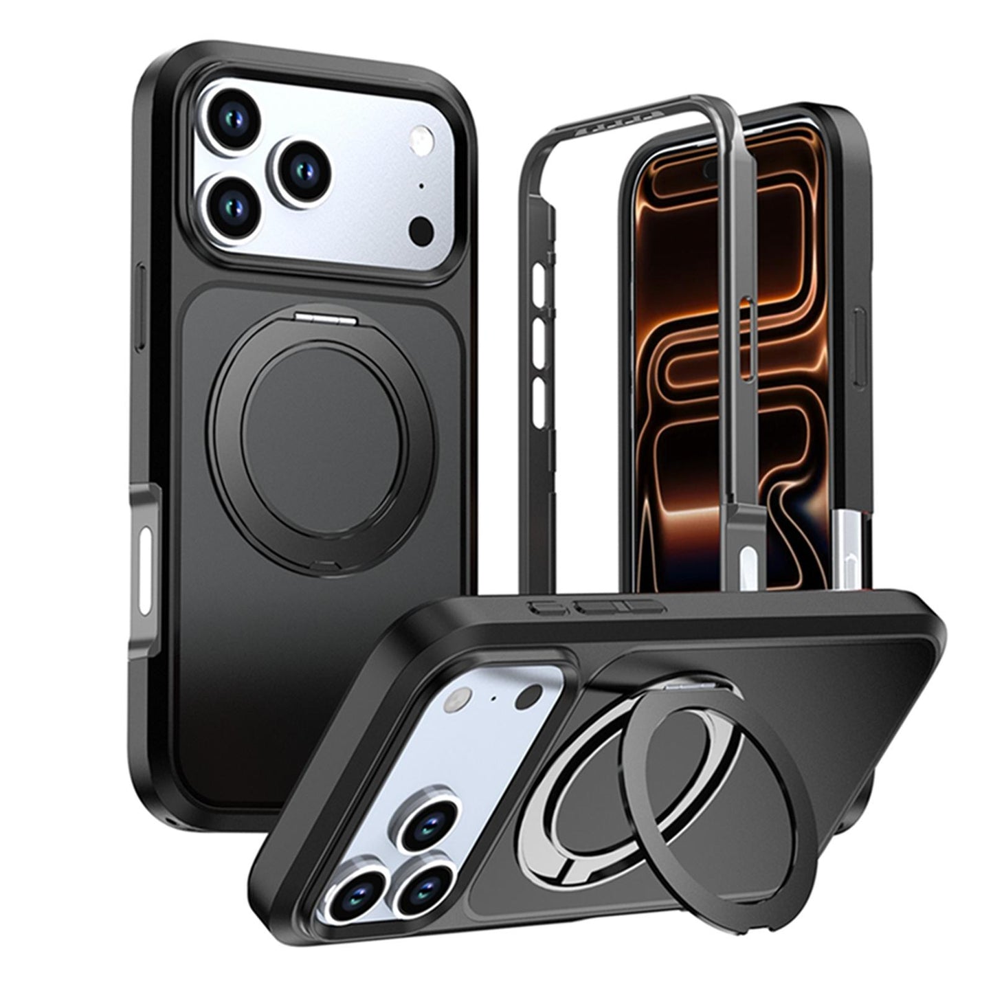 For iPhone 18 Pro Silicone Magnetic Anti-drop Protective Phone Case with 360 Rotating Holder(Black)