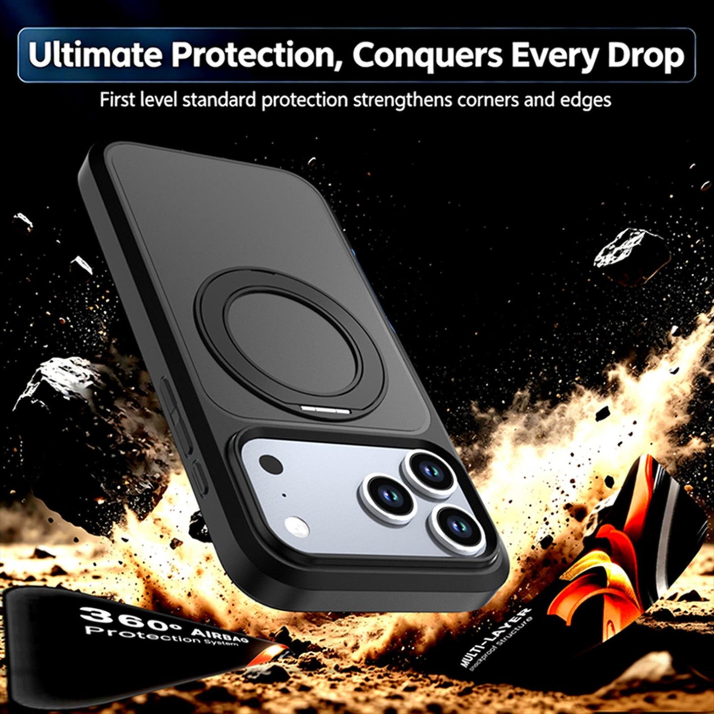 For iPhone 18 Pro Silicone Magnetic Anti-drop Protective Phone Case with 360 Rotating Holder(Black)