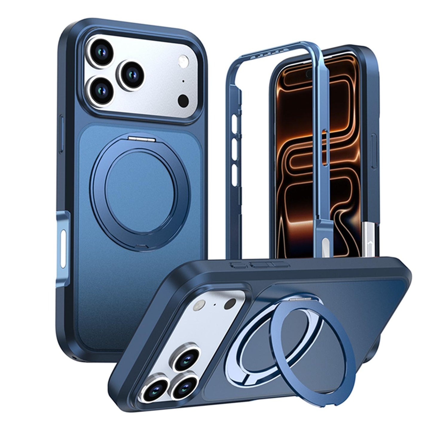 For iPhone 18 Pro Silicone Magnetic Anti-drop Protective Phone Case with 360 Rotating Holder(Blue)