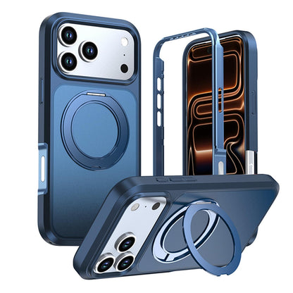 For iPhone 18 Pro Silicone Magnetic Anti-drop Protective Phone Case with 360 Rotating Holder(Blue)