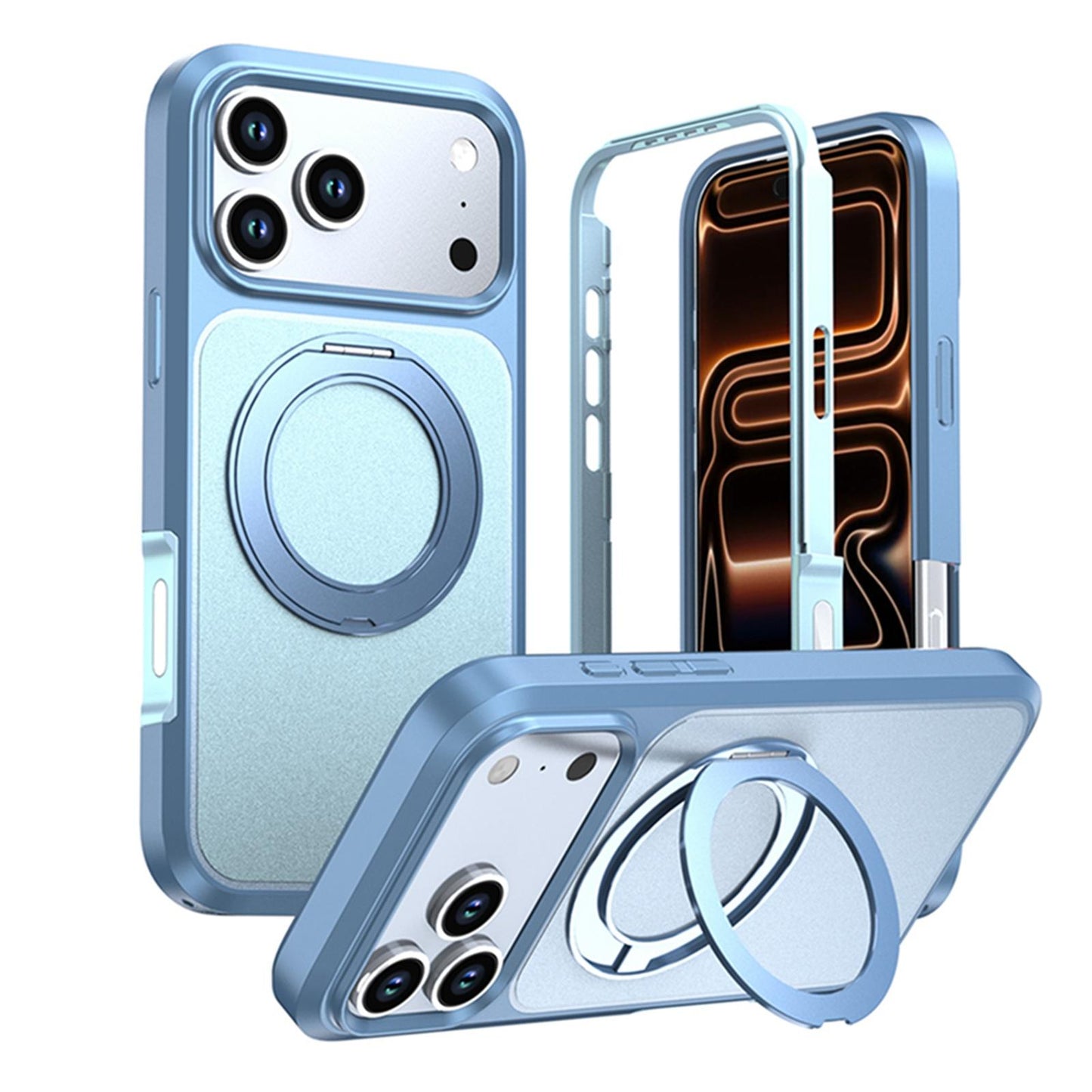 For iPhone 18 Pro Max Silicone Magnetic Anti-drop Protective Phone Case with 360 Rotating Holder(Ice Blue)
