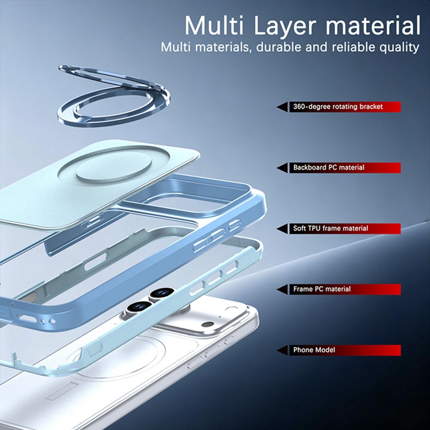 For iPhone 17 Pro Max Silicone Magnetic Anti-drop Protective Phone Case with 360 Rotating Holder(Ice Blue)