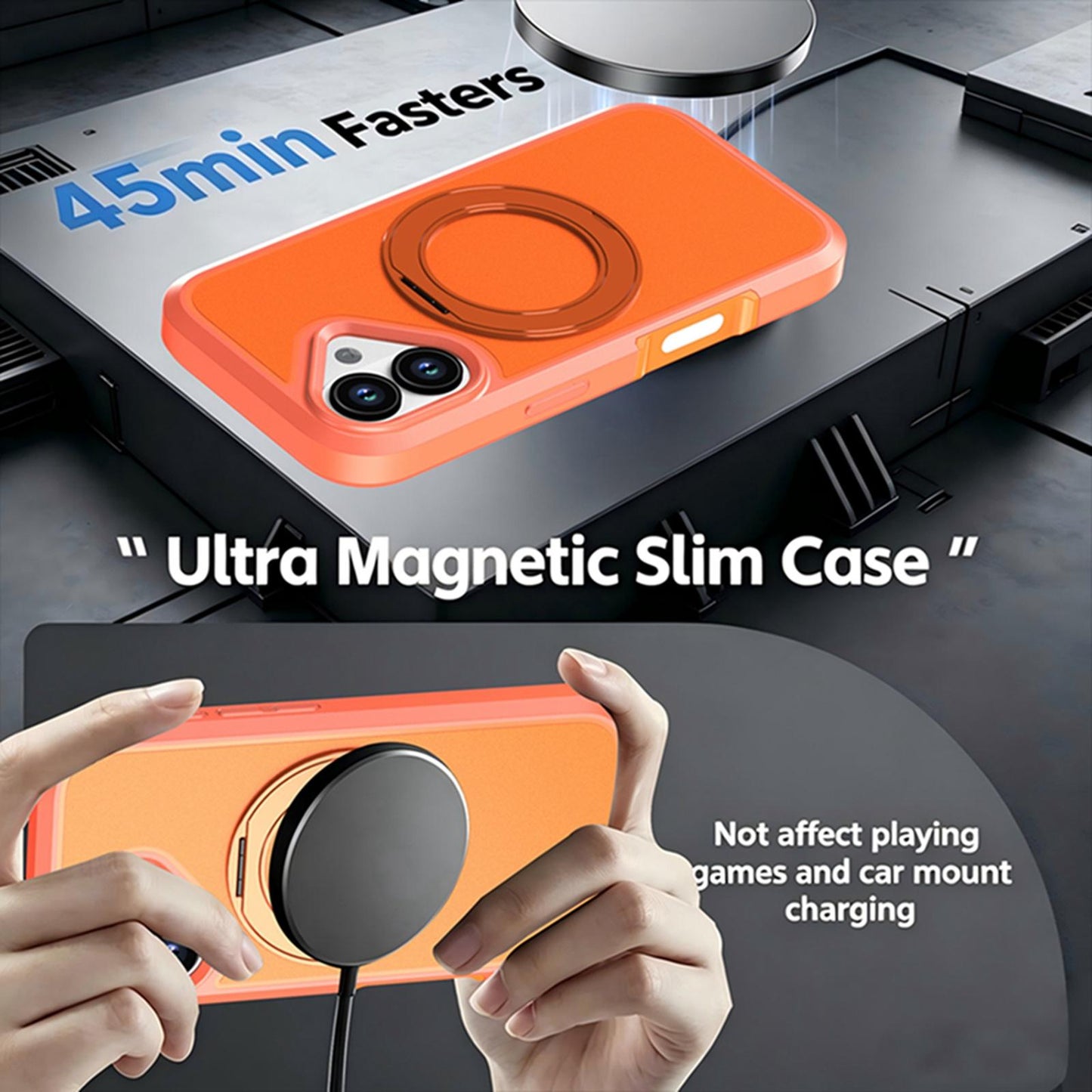 For iPhone 17 Silicone Magnetic Anti-drop Protective Phone Case with 360 Rotating Holder(Orange)