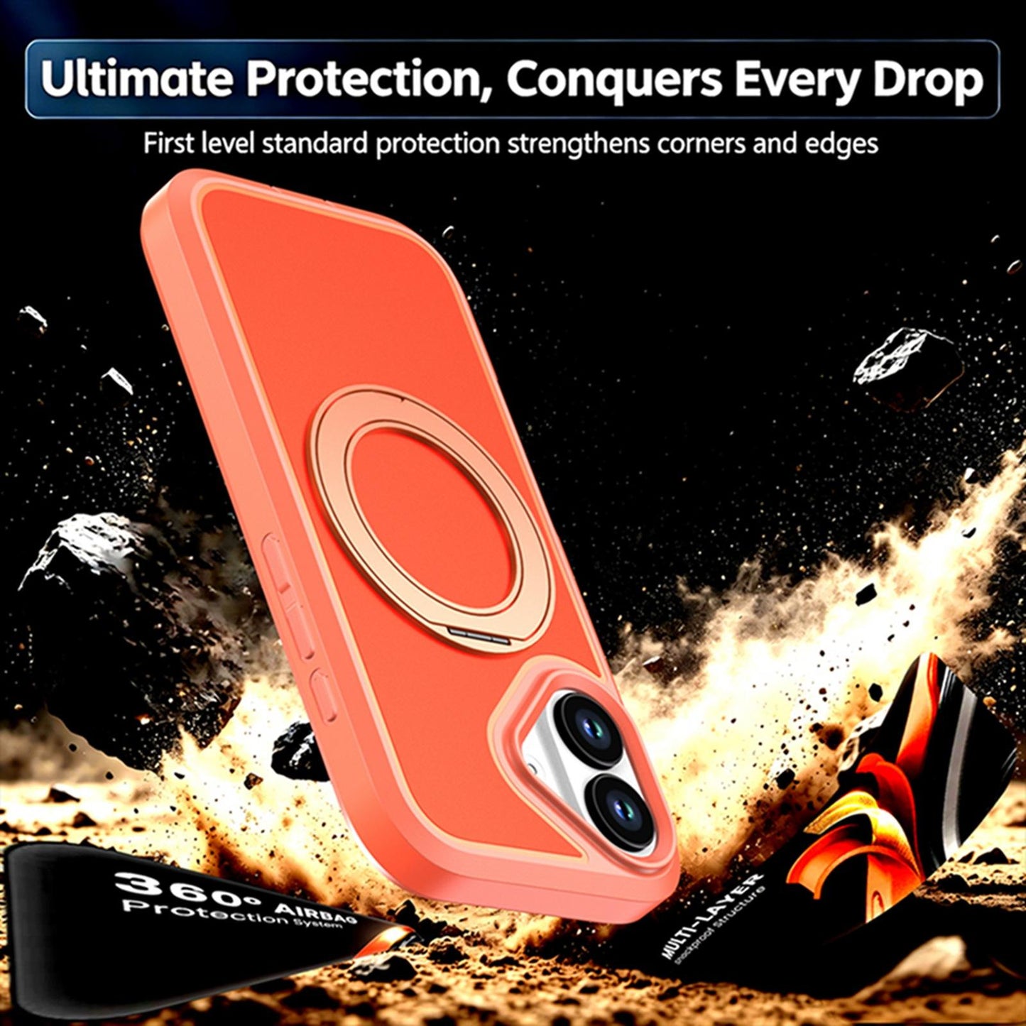 For iPhone 17 Silicone Magnetic Anti-drop Protective Phone Case with 360 Rotating Holder(Orange)