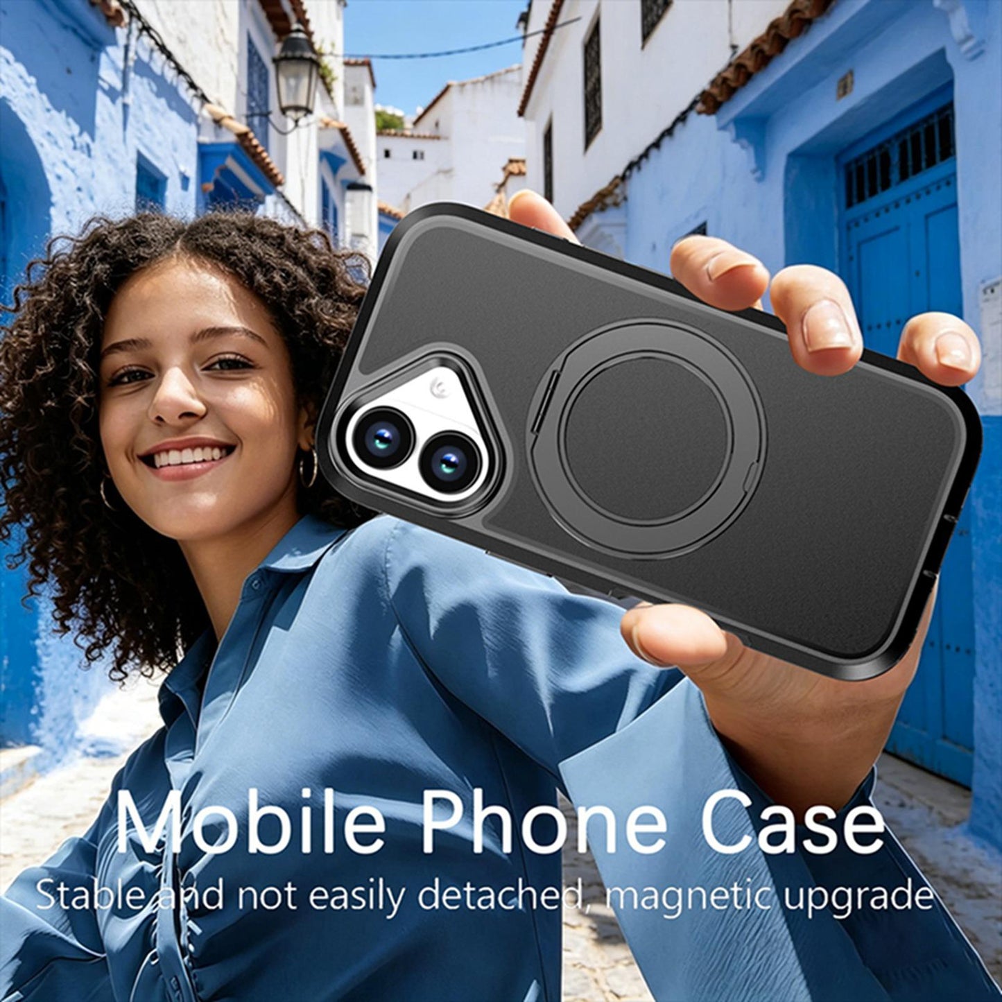 For iPhone 17 Silicone Magnetic Anti-drop Protective Phone Case with 360 Rotating Holder(Black)