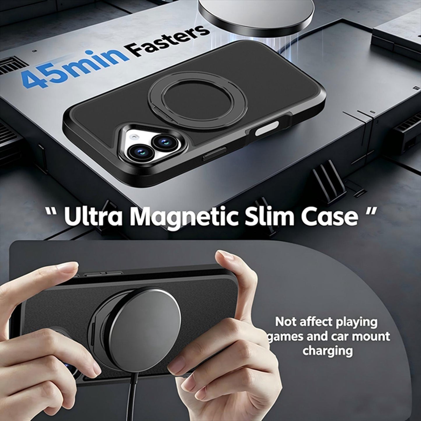 For iPhone 17 Silicone Magnetic Anti-drop Protective Phone Case with 360 Rotating Holder(Black)