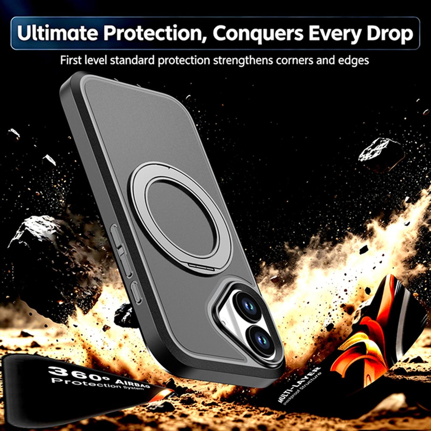 For iPhone 17 Silicone Magnetic Anti-drop Protective Phone Case with 360 Rotating Holder(Black)