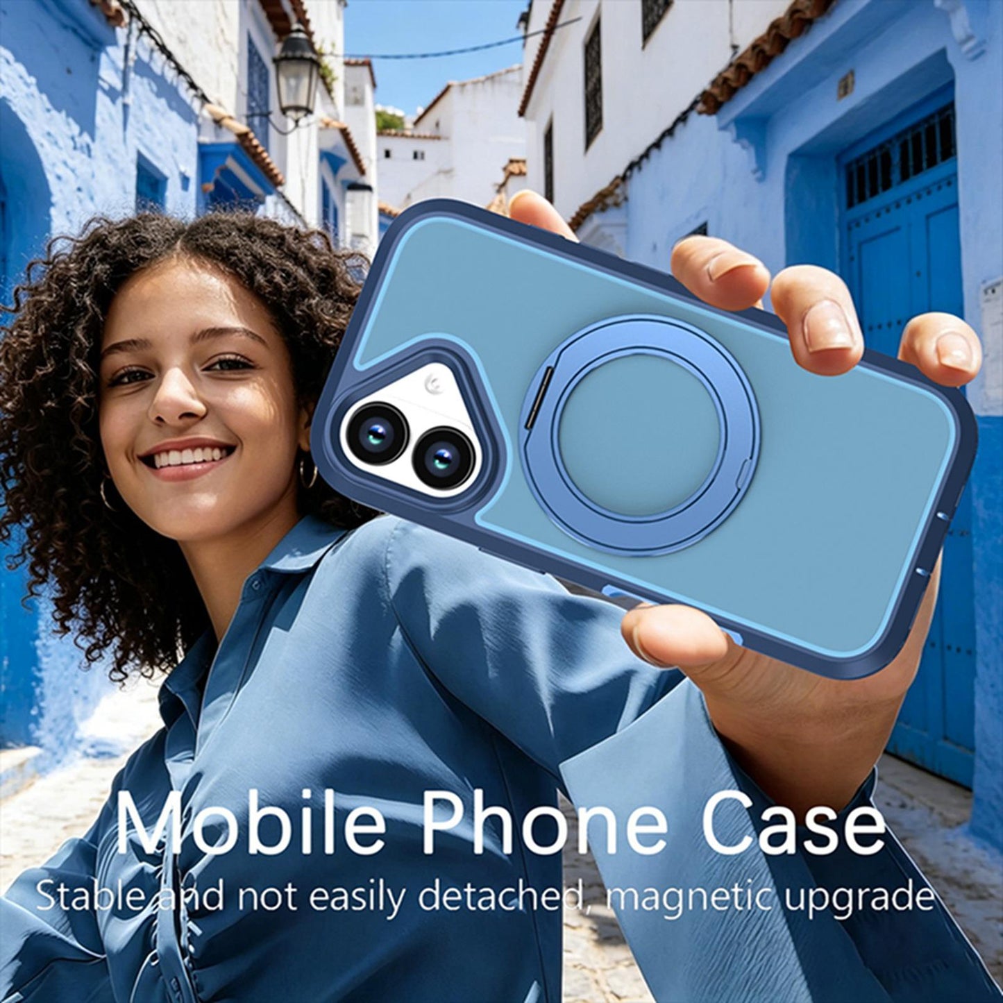 For iPhone 17 Silicone Magnetic Anti-drop Protective Phone Case with 360 Rotating Holder(Blue)