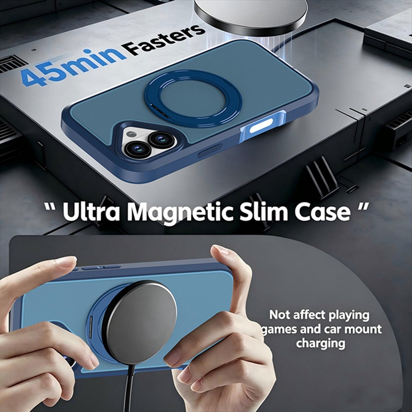 For iPhone 17 Silicone Magnetic Anti-drop Protective Phone Case with 360 Rotating Holder(Blue)