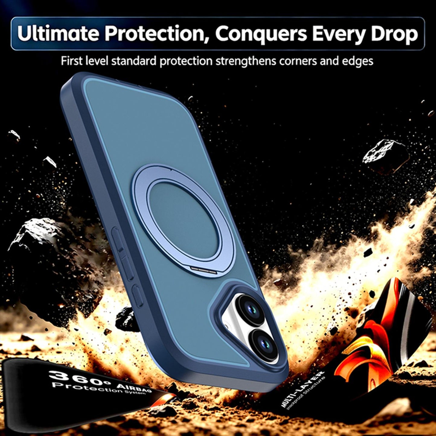 For iPhone 17 Silicone Magnetic Anti-drop Protective Phone Case with 360 Rotating Holder(Blue)