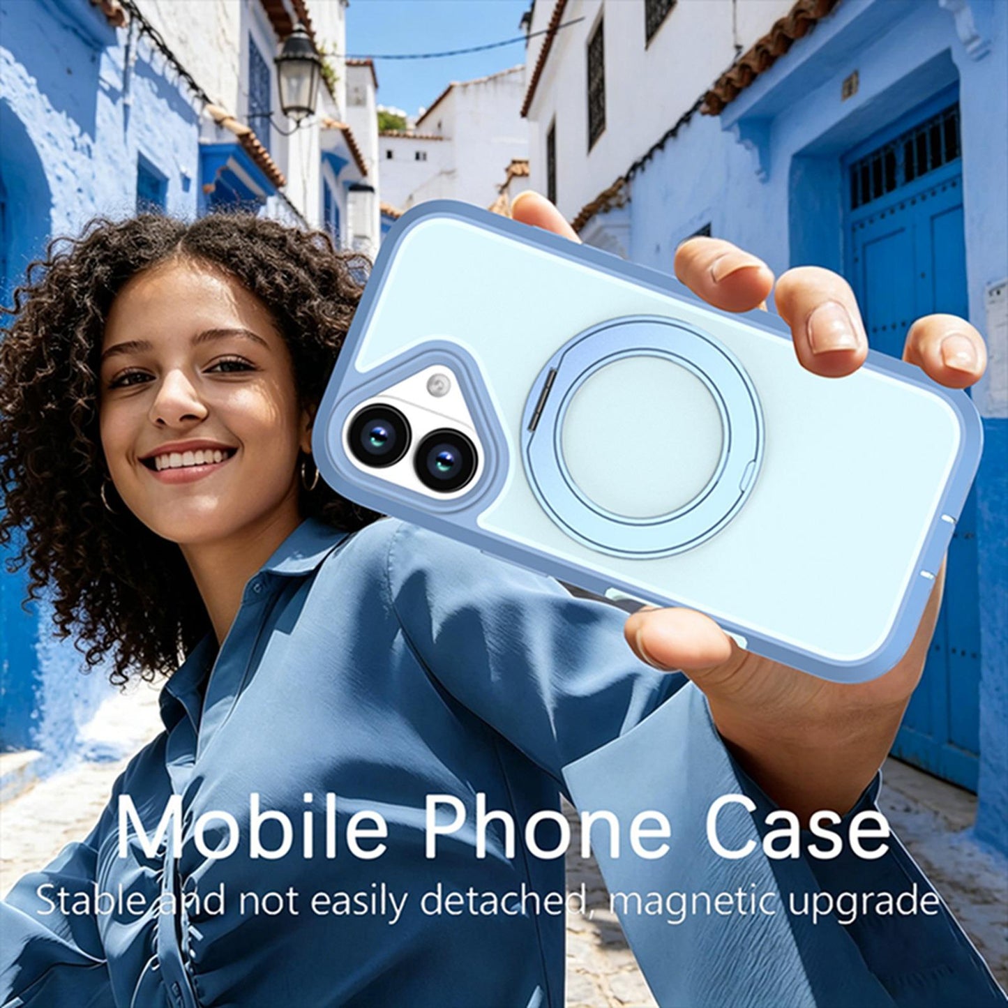 For iPhone 17 Silicone Magnetic Anti-drop Protective Phone Case with 360 Rotating Holder(Light Blue)