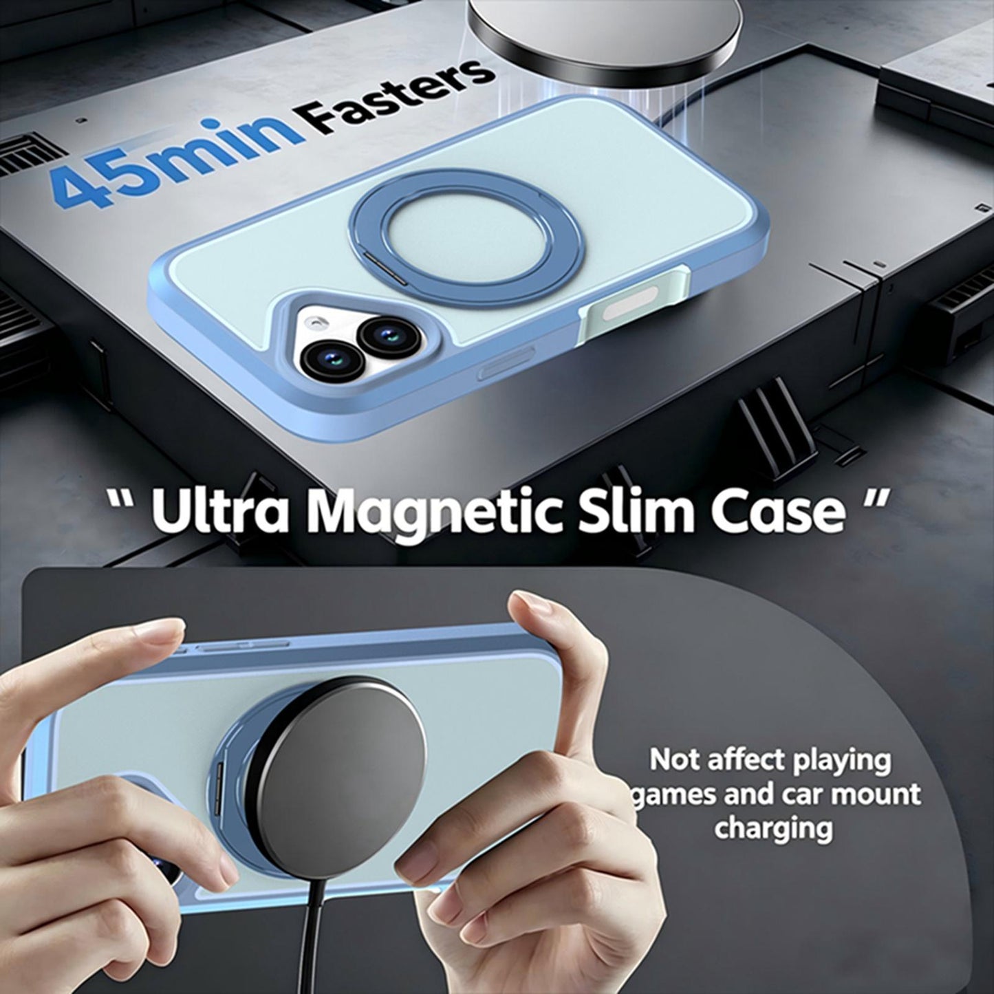 For iPhone 17 Silicone Magnetic Anti-drop Protective Phone Case with 360 Rotating Holder(Light Blue)