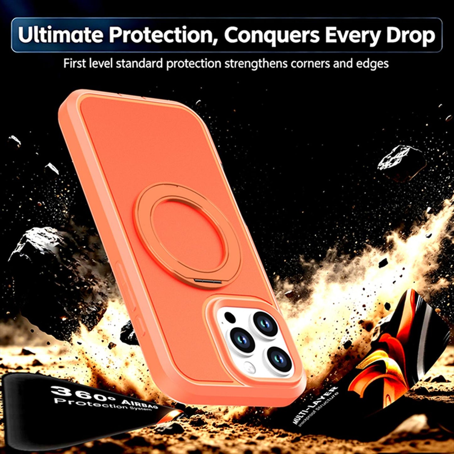 For iPhone 16 Pro Max Silicone Magnetic Anti-drop Protective Phone Case with 360 Rotating Holder(Orange)