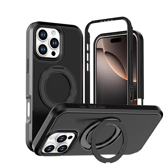 For iPhone 16 Pro Max Silicone Magnetic Anti-drop Protective Phone Case with 360 Rotating Holder(Black)
