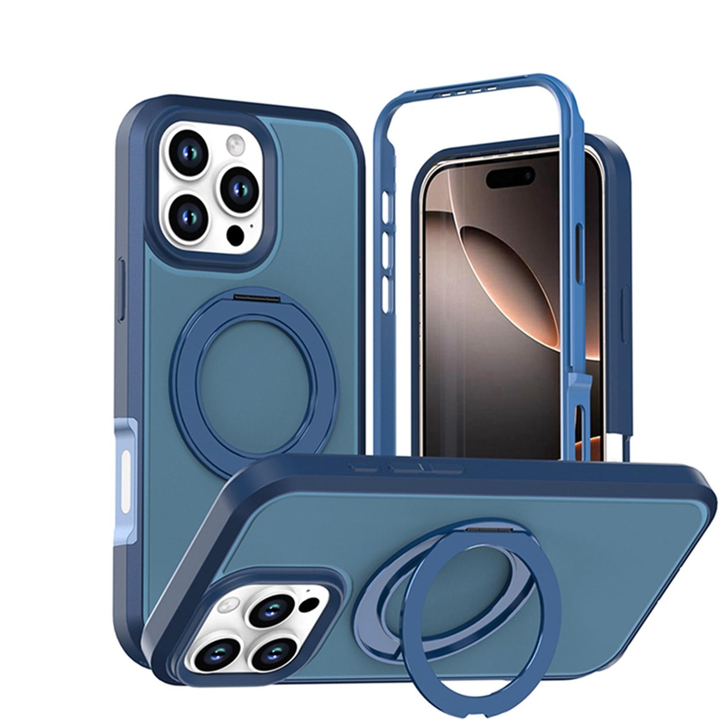 For iPhone 16 Pro Max Silicone Magnetic Anti-drop Protective Phone Case with 360 Rotating Holder(Blue)