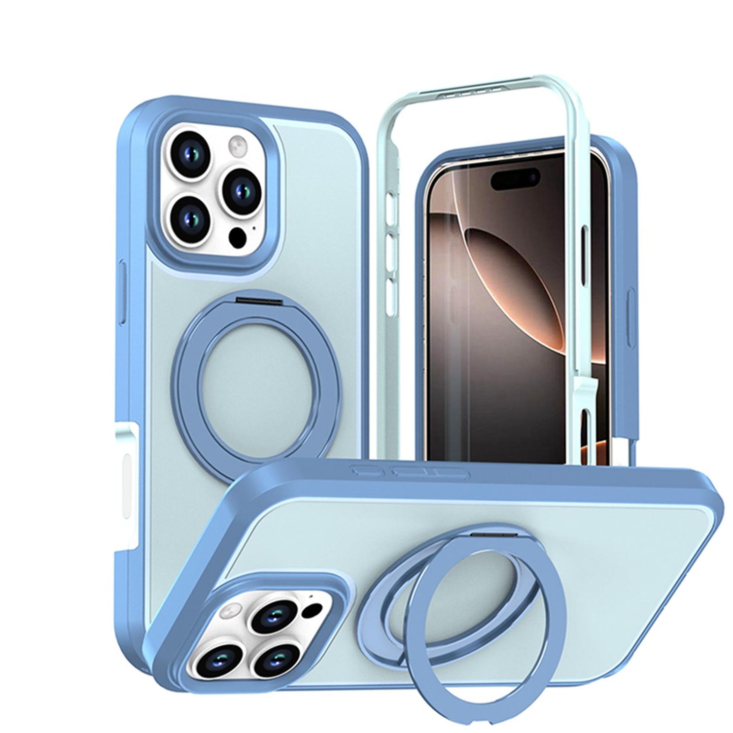 For iPhone 16 Pro Max Silicone Magnetic Anti-drop Protective Phone Case with 360 Rotating Holder(Light Blue)