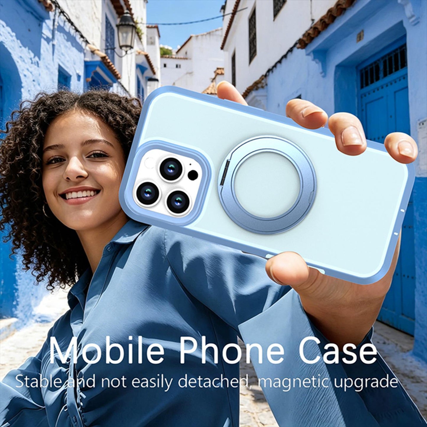 For iPhone 16 Pro Max Silicone Magnetic Anti-drop Protective Phone Case with 360 Rotating Holder(Light Blue)