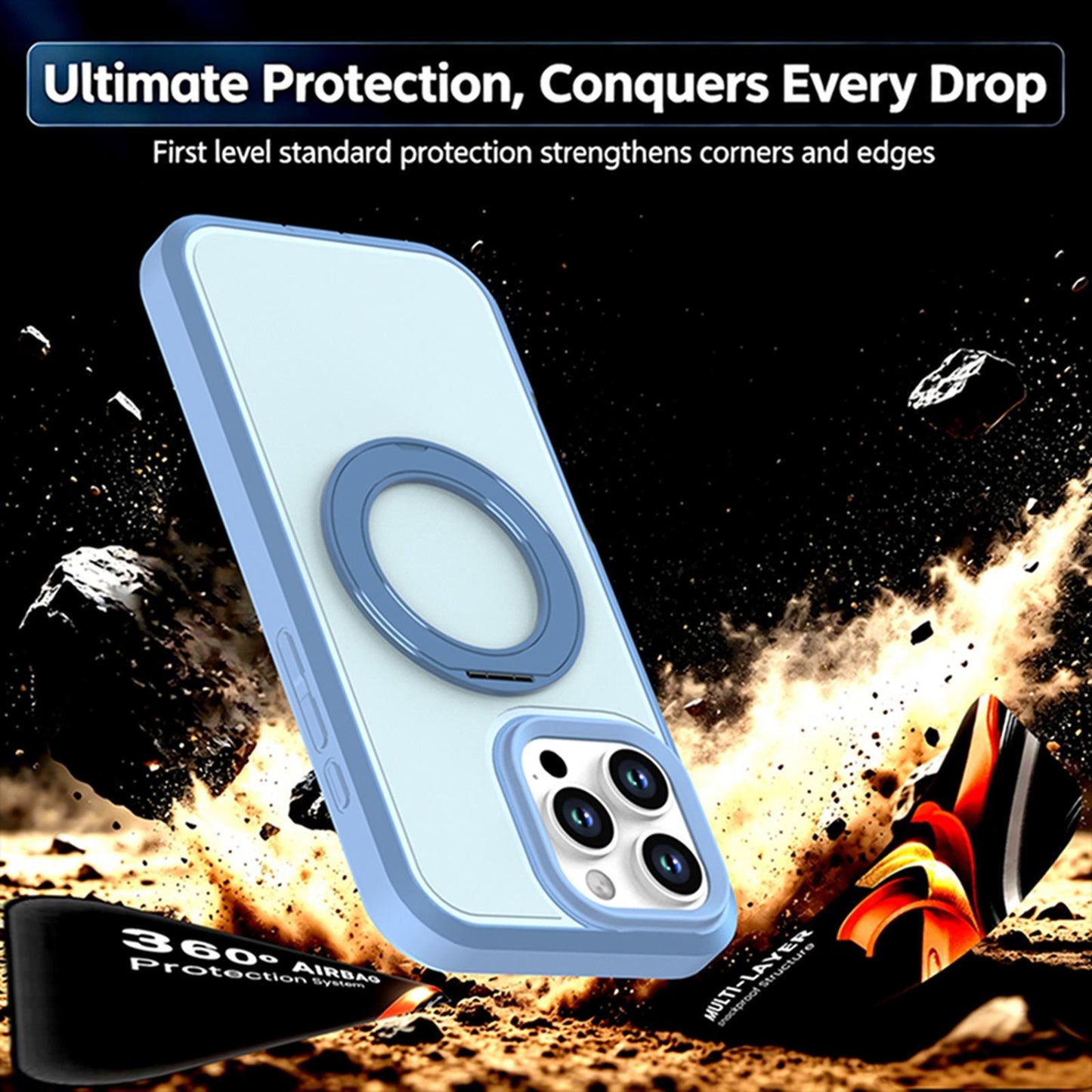 For iPhone 16 Pro Max Silicone Magnetic Anti-drop Protective Phone Case with 360 Rotating Holder(Light Blue)